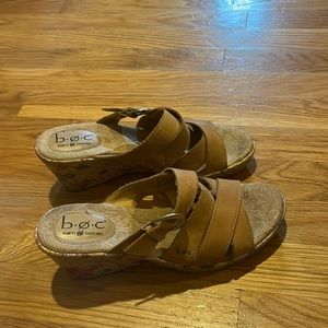 Gently worn wedge sandals- tan with flower detail on heel